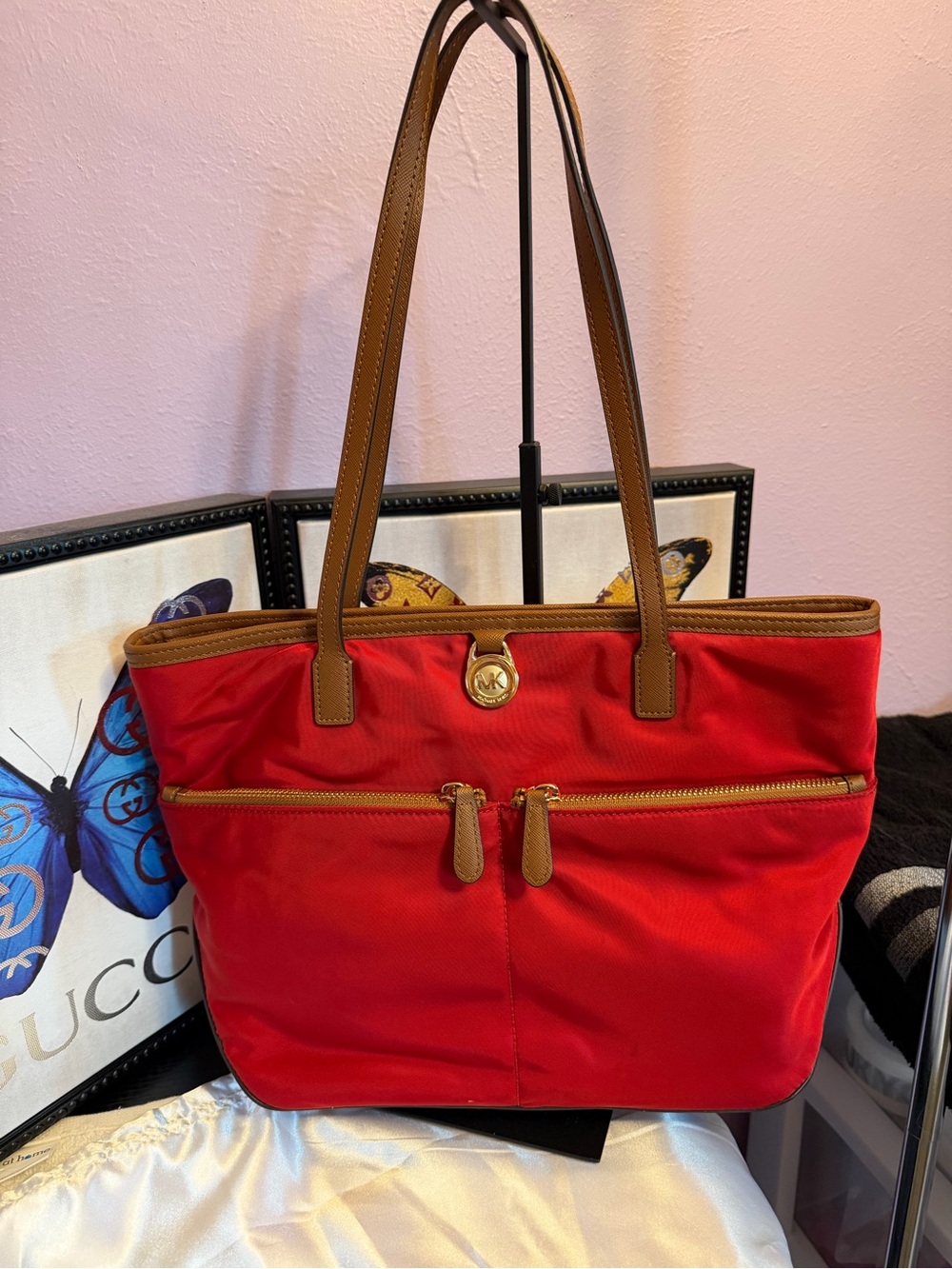 Michael Kors Red Tote with Tan Leather Trim and Double Handles